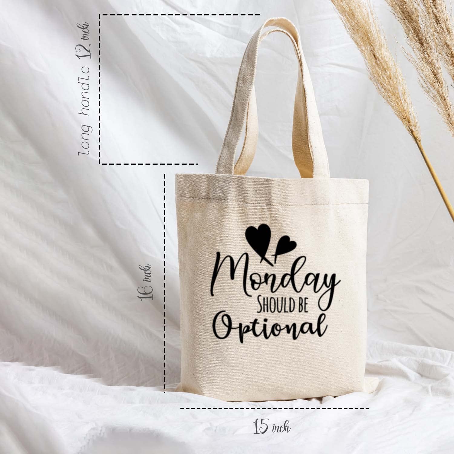 AKARSHNAM - Funny Graphic Printed Cotton Tote Bag - Reusable Printed Shopping/Grocery Bag - Multipurpose Canvas Shopping Tote Bag with Long Handle - (15 x 16 inch, Natural Beige) (Monday) 1