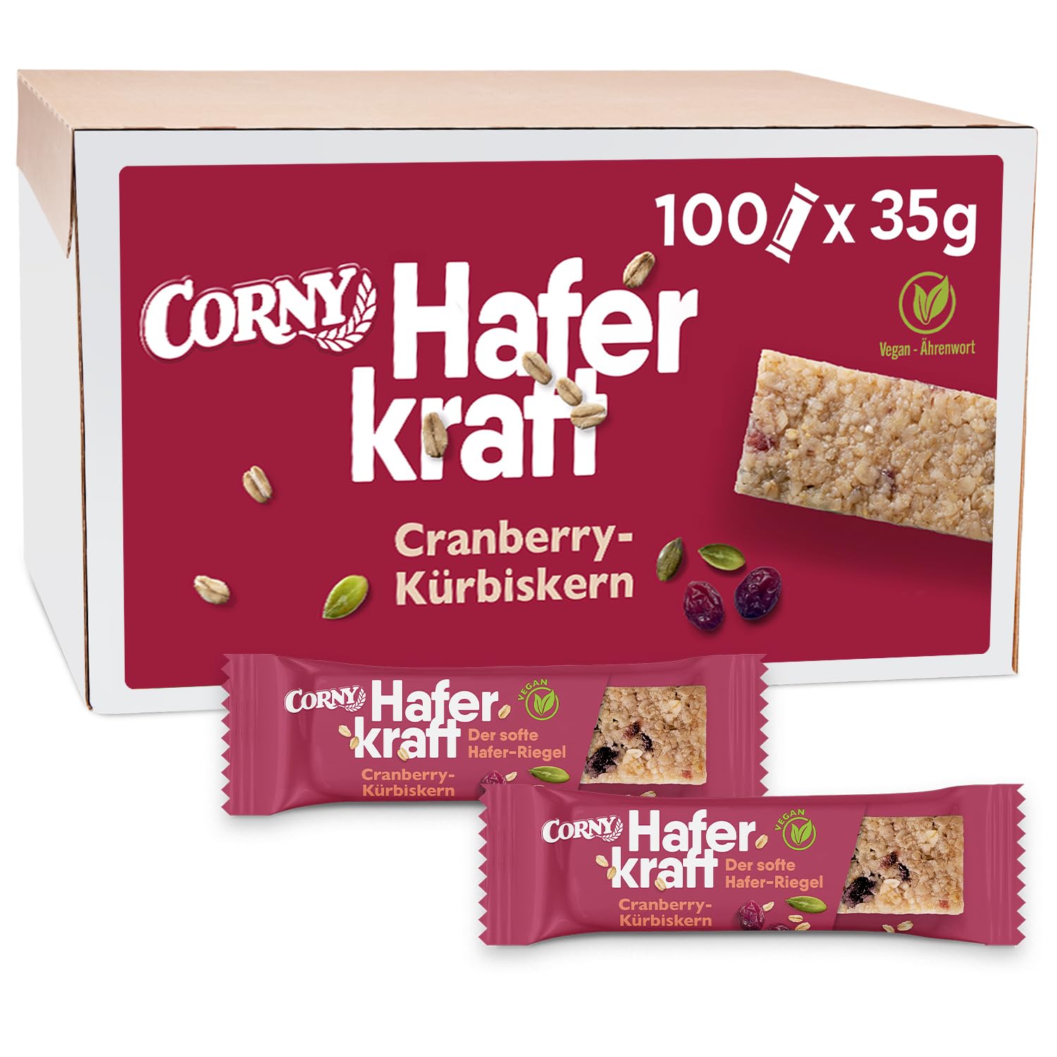 Müsliriegel Corny Haferkraft Cranberry-Kürbiskern | 100er-Vorratspack | Vollkorn & Vegan | Bulk für Büros, Events, Konferenzen, Buffets & Cafeterien | 100 x 35 g