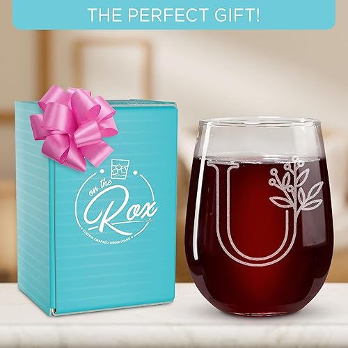 Miniatura 68 de On The Rox Drinks Regalos con monograma para mujeres y hombres – Letra A-Z inicial grabada monograma copa de vino sin tallo, regalo de vino