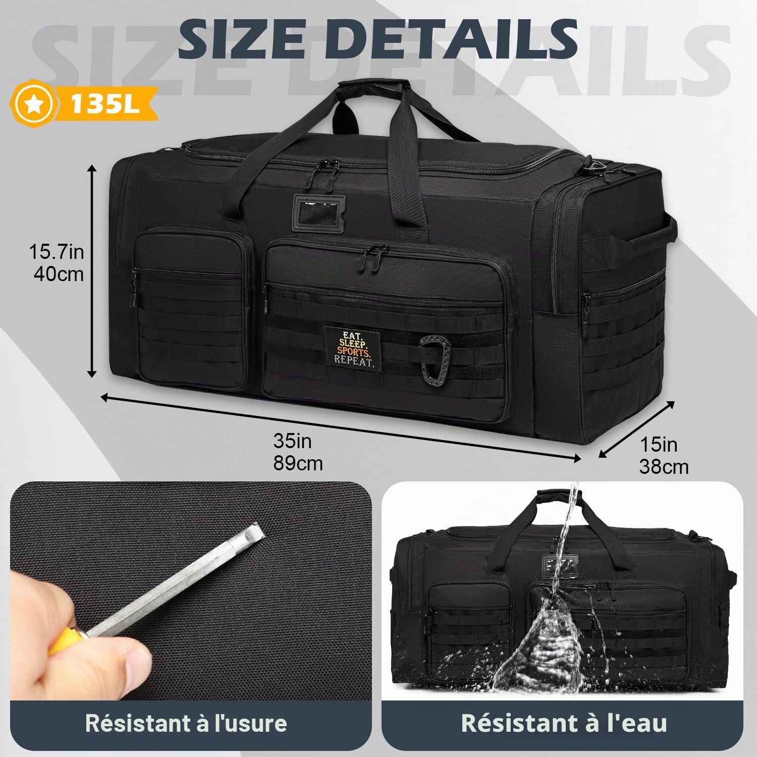 Sac de Sport et d'équipement Nylon 130L Grand Sac de Voyage pour Homme | Pliable avec Compartiment à Chaussures et réfrigéré, Bandoulière, XXL sac de sport pliable pour sauna salle Week-End