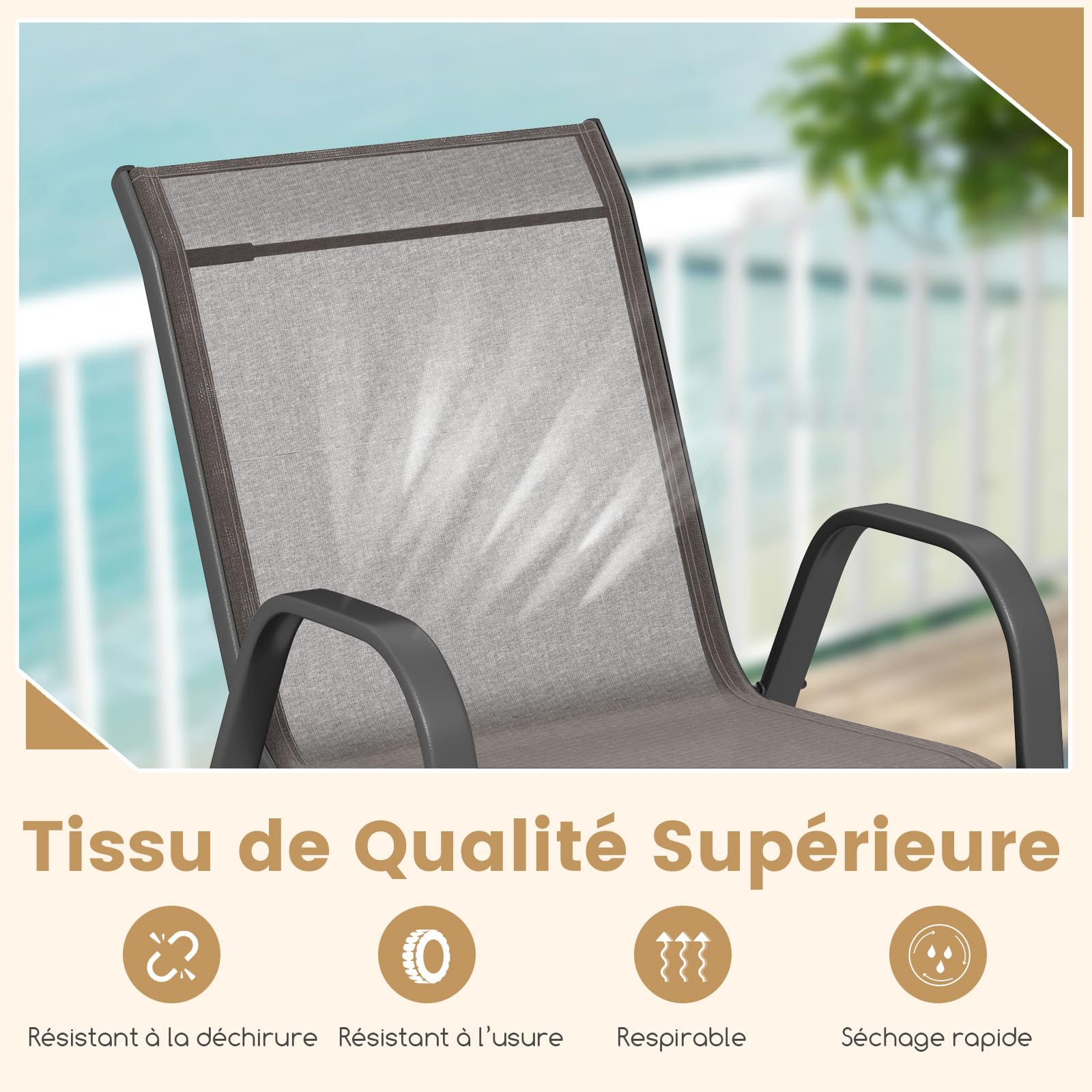 COSTWAY Lot de 2/4 Chaises de Jardin Exterieures avec Cadre en Métal, Chaise de Salle à Manger Empilable en Tissu Respirant, Fauteuil d'Extérieur pour Cour, Balcon, Piscine, Charge 150 KG (Gris,4)