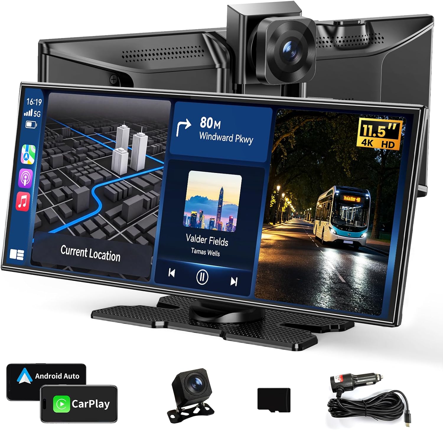 Largest 11.5" Wireless Apple CarPlay Screen for Car–Upgrade Carplay & Android Auto Car Stereo with App Control, 4K Dash Cam/Backup Camera/GPS/Mirror Link/Voice Contro/Loop Recording/GPS/FM