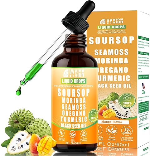 Gotas líquidas 10 en 1 con musgo marino, moringa, cúrcuma, aceite de semilla negra, orégano, ashwagandha, extractos de hierbas para mejorar la salud