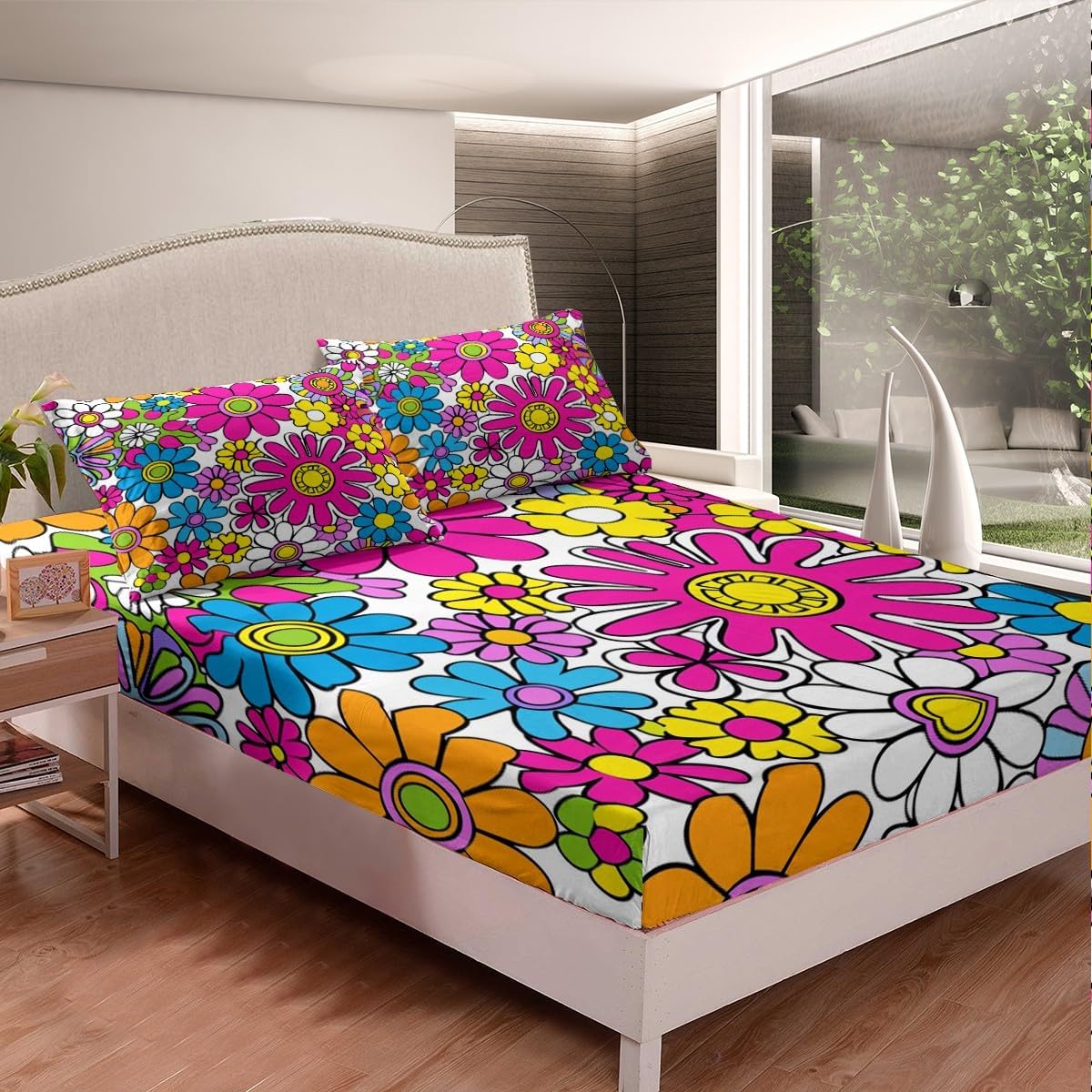 Feelyou Groovy Flower Bed Sheets Set Hippie Flowers Bohemian Sheet Set for Kids Decor Psychedelic Floral Sheets with Deep Pocket Fitted Sheet Retro Floral Boho Bedding Set 4Pcs King Size