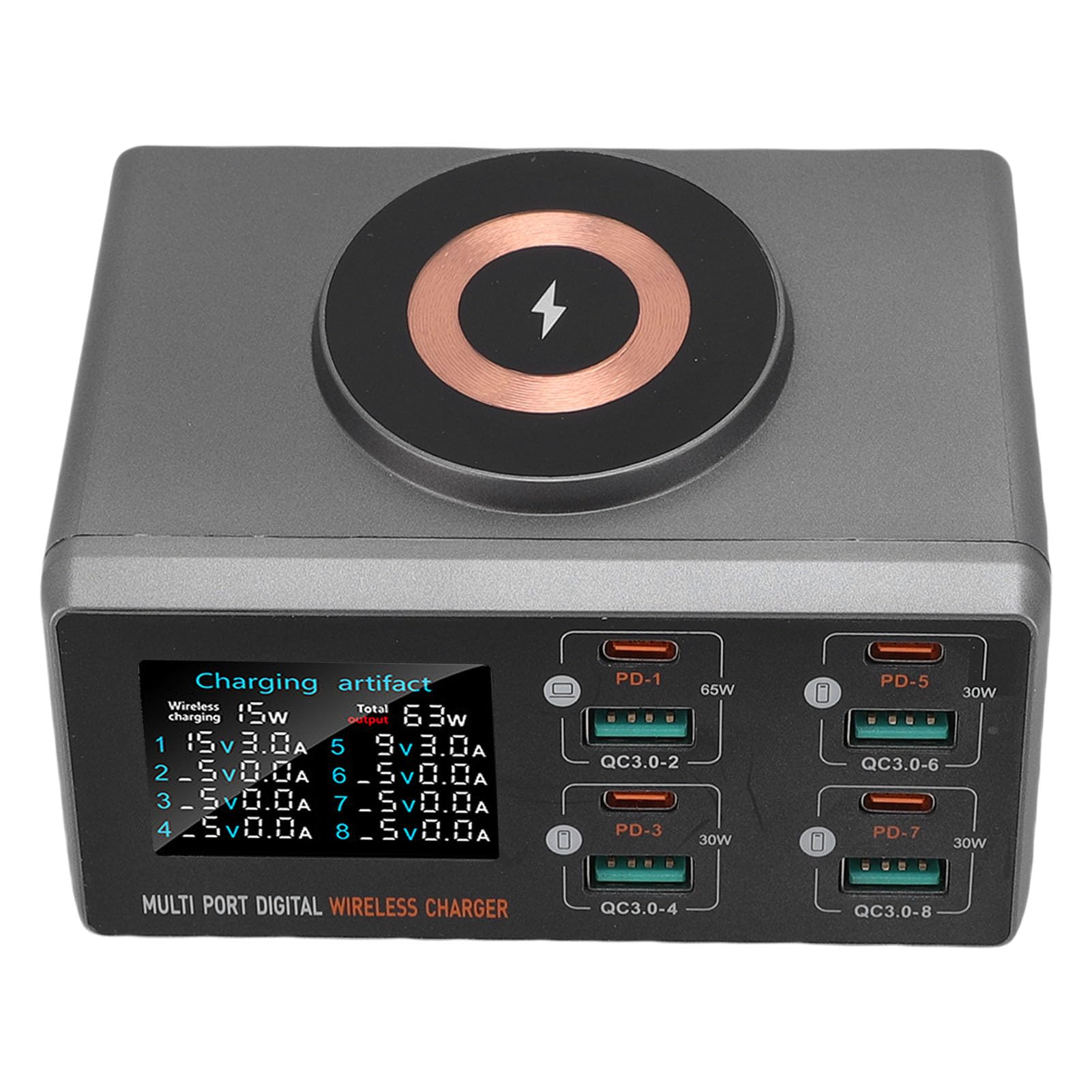 Luqeeg Ładowarka Stacjonarna 140 W, Ekran LCD PD Multi Port Ładowanie, Obsługuje Szybkie ładowanie dla 9 urządzeń W Tym Samym Czasie, 15 W Magnetyczne Bezprzewodowe Adapter ładowania ładowania