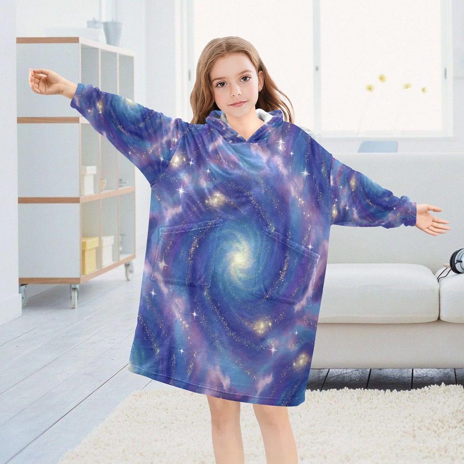 Kigai Colorful Galaxy Wearable Blanket Hoodie for Kids Oversized Hooded Blanket Warm & Cozy Sweatshirt with Pockets