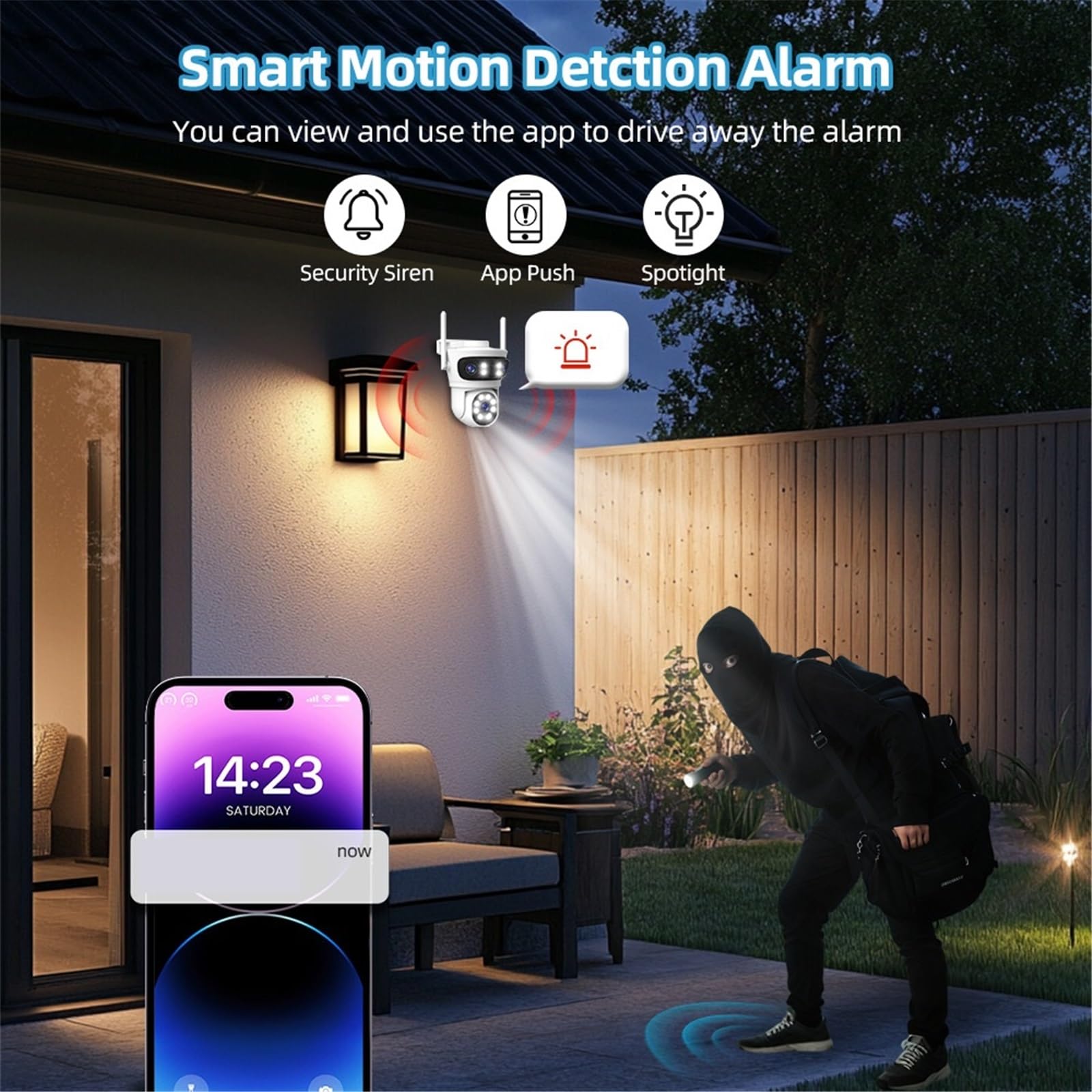 Kamera IP, 3 obiektywy 2.4G WiFi + BLE 3MP śledzenie ruchu kolor noktowizor zewnętrzna kamera PTZ CCTV syrena świetlna alarmowa(Camera 64G)