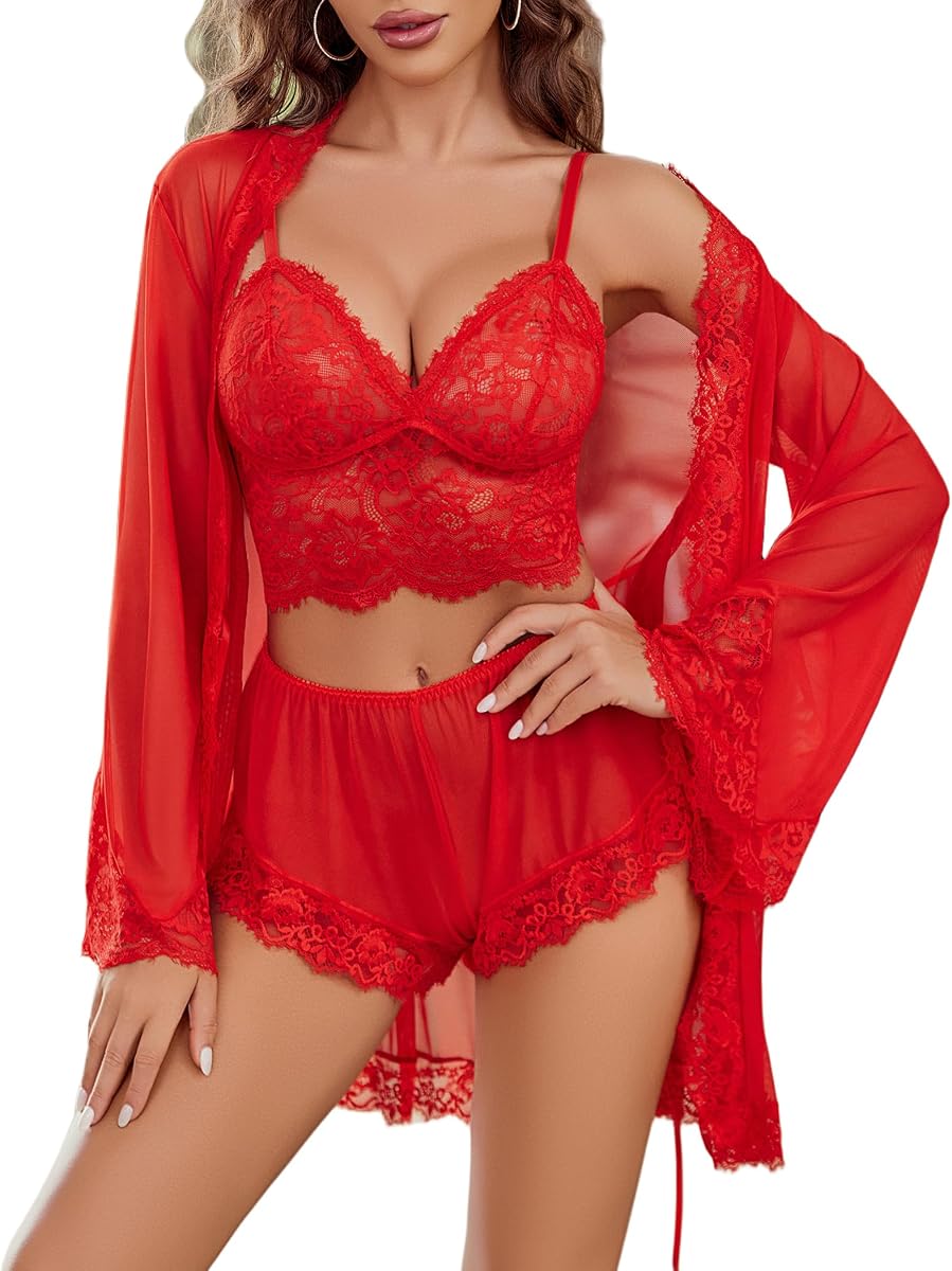 Avidlove Conjunto de lencería sexy para mujer Conjuntos de bralette de encaje y bata de panty de 3 piezas | Conjunto de lencería de 3 piezas, bralette con parte inferior, encaje de pestañas transparente, camisón exótico de malla, ropa de noche de bodas, regalo de San Valentín