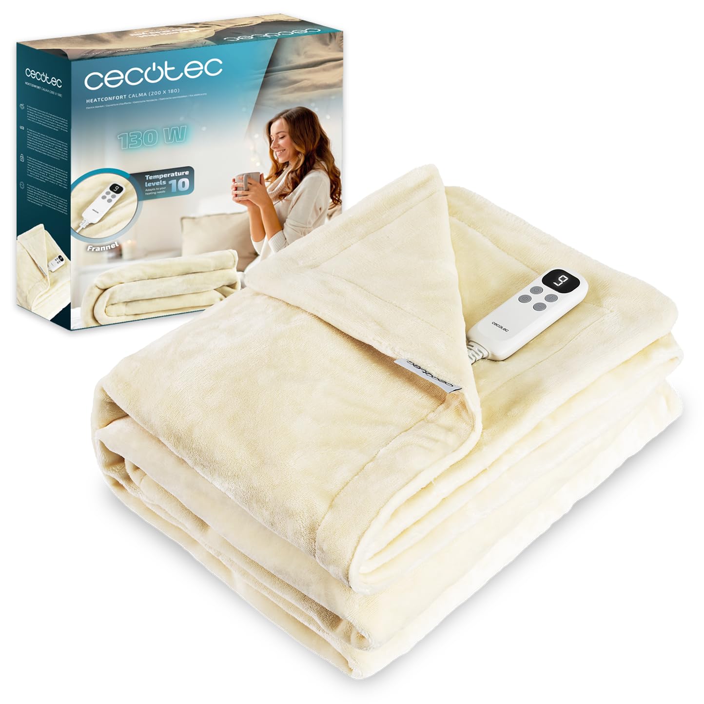 Cecotec Electric Blanket 200 x 180 cm HeatComfort Calm (200 x 180). 130W, 10 Adjustable Temperature Levels, Removable LCD Controller, Timer with Auto Shut-Off, PTC+ NTC Technology