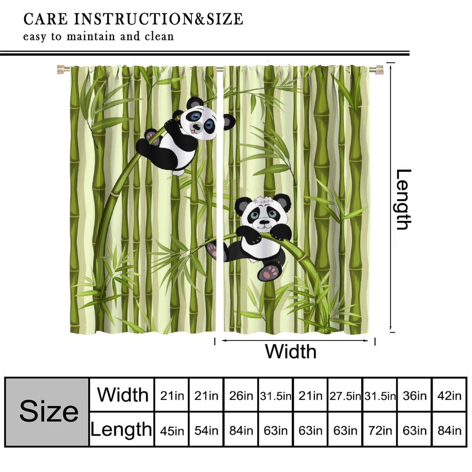 KANEPE Cute Pandas Curtains, Pandas Hanging Green Bamboo Print Window Treatments, Rod Pocket Thermal Insulated Drapes 2 Panel Sets for Kids Bedroom Living Room, 42