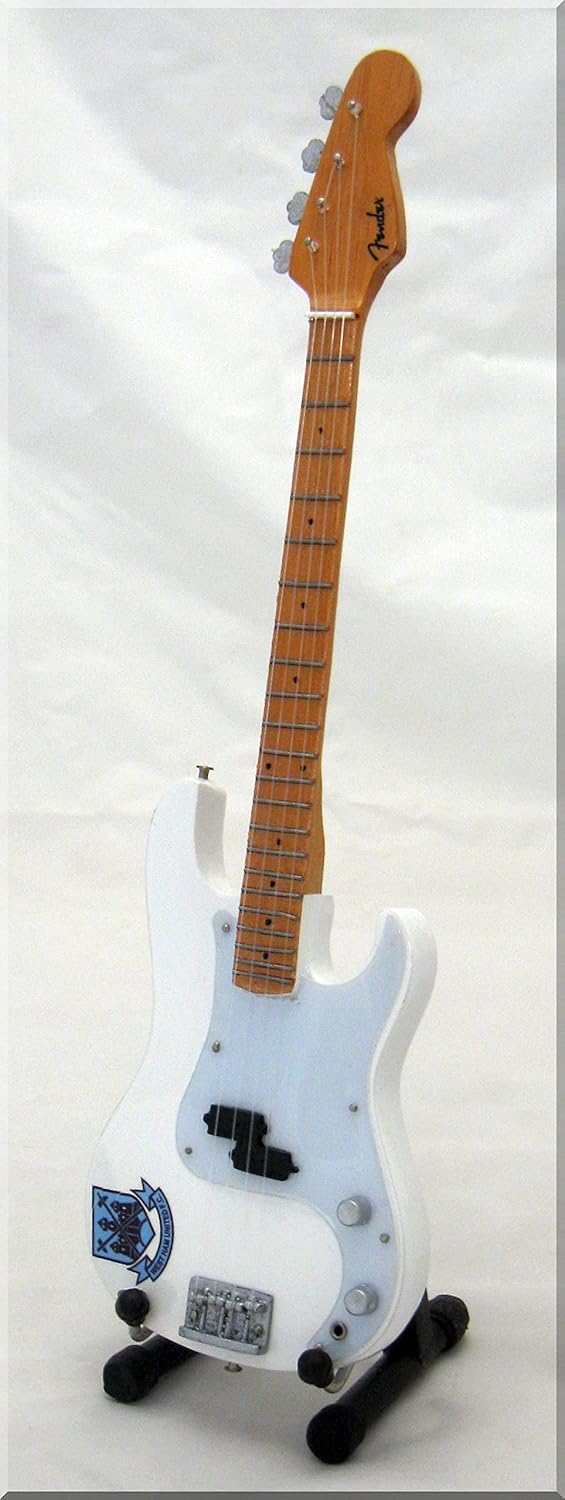 ARTSTUDIO35 Miniature Mini Bass Guitar, Wood, 10" Tall, White, Classic Style, Non-Playable, Includes Free Stand