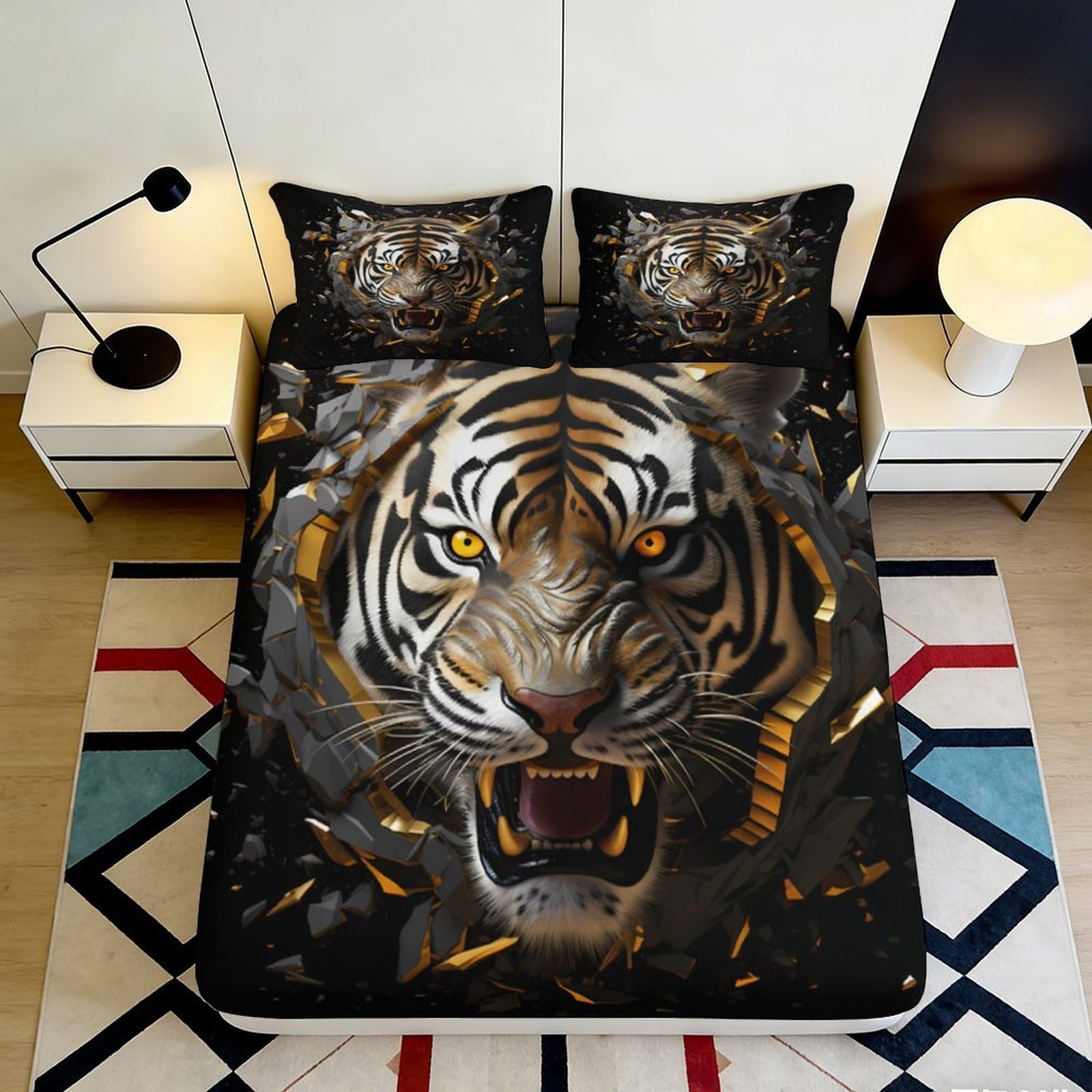 3D Printed Tiger Roaring Fitted Sheet Microfiber Soft Black Gold Animal Art Mattress Cover for Bedroom Dorm Decor 120x200x25cm