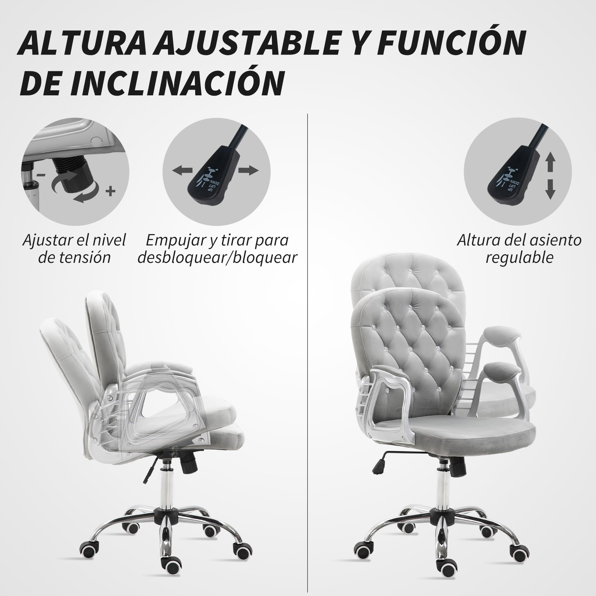 Vinsetto Silla de Oficina Giratoria con Altura Ajustable 120 kg Gris | Silla de Escritorio, Tapizada en Terciopelo, Reposabrazos, Decoraciones de Diamantes, para Estudio Dormitorio