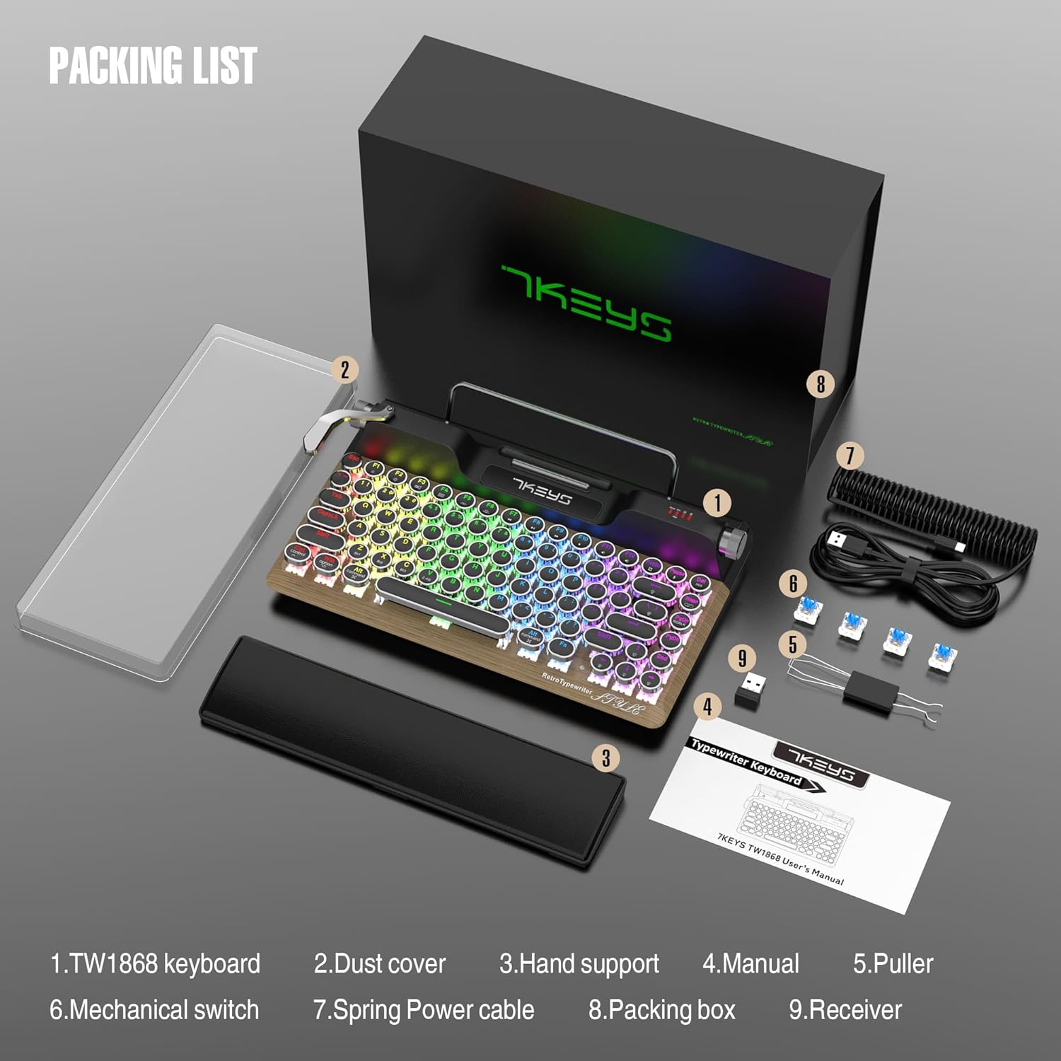 Packing list of 7KEYS keyboard components