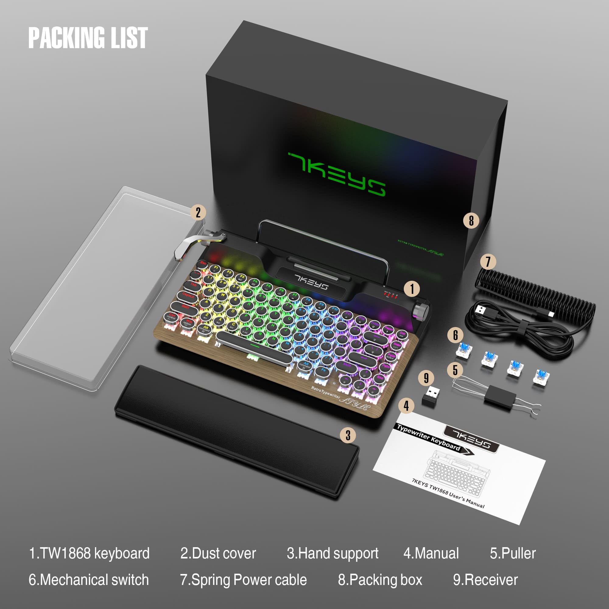 Tastiera in stile macchina da scrivere retrò senza fili meccanica RGB retroilluminata, poggiapolsi confortevole, supporto cablato/Bluetooth 5.0/wireless 2.4G per IPAD/PC/Laptop