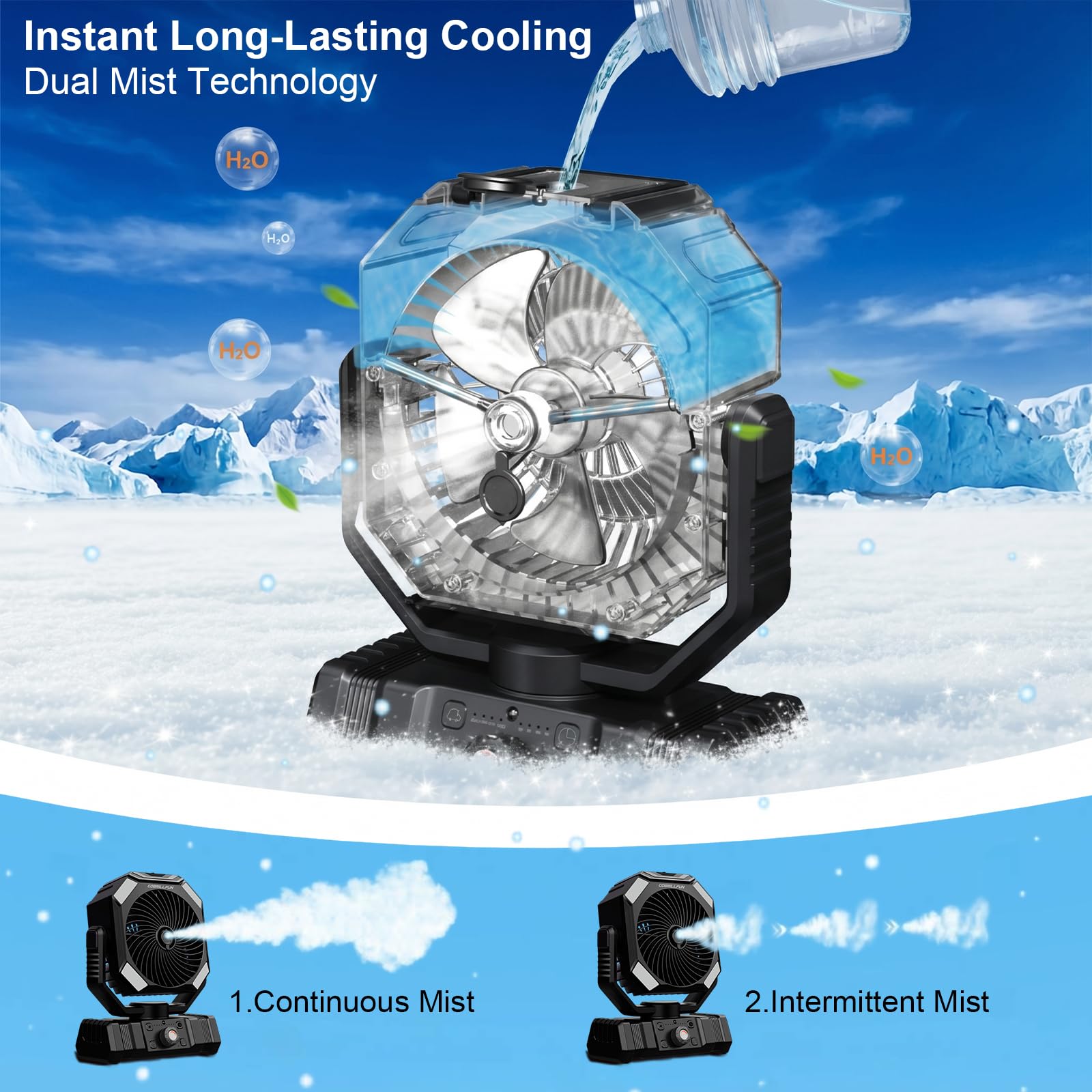 Ventilateur à Batterie avec Brumisation, Ventilateur Portable Rechargeable 10000mAh, Ventilateur Oscillant avec Réservoir 300mL, Télécommande, Lumière LED, Minuterie pour Camping Terrasse Plage Bureau