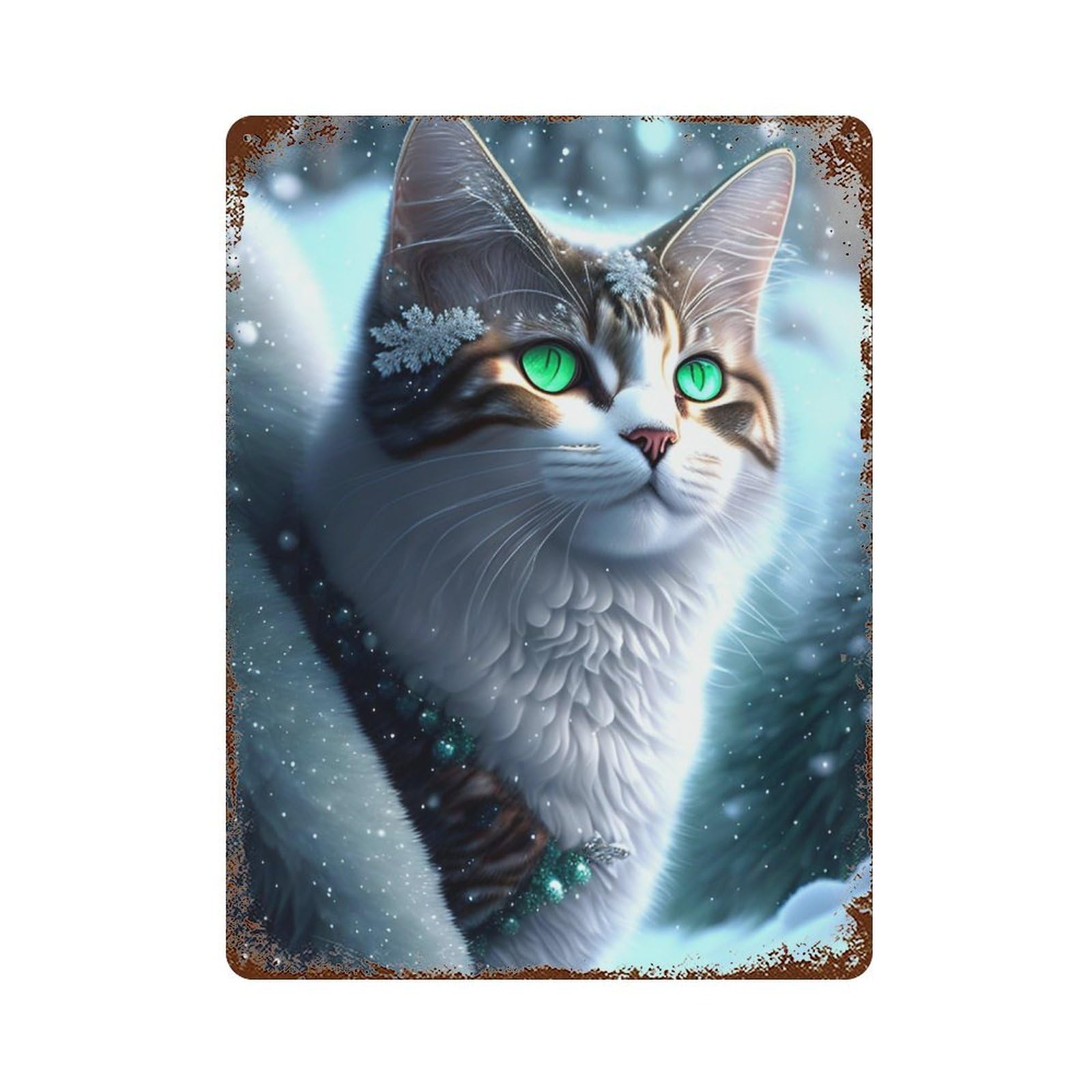 Winter Fantasy Cat Art Print Rusty Metal Tin Sign 15.7"x11.8", Shabby Chic Decor for Garage, Bar And Workshop Decor