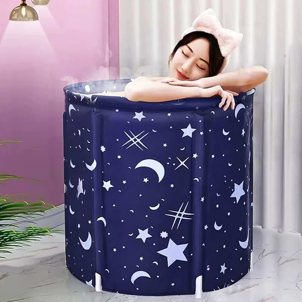 Banheira Dobrável SPA Adulto, Azul com Estrelas, 70x65 cm, 250 Litros, Portátil, Inclui Bóia, Fácil Montagem