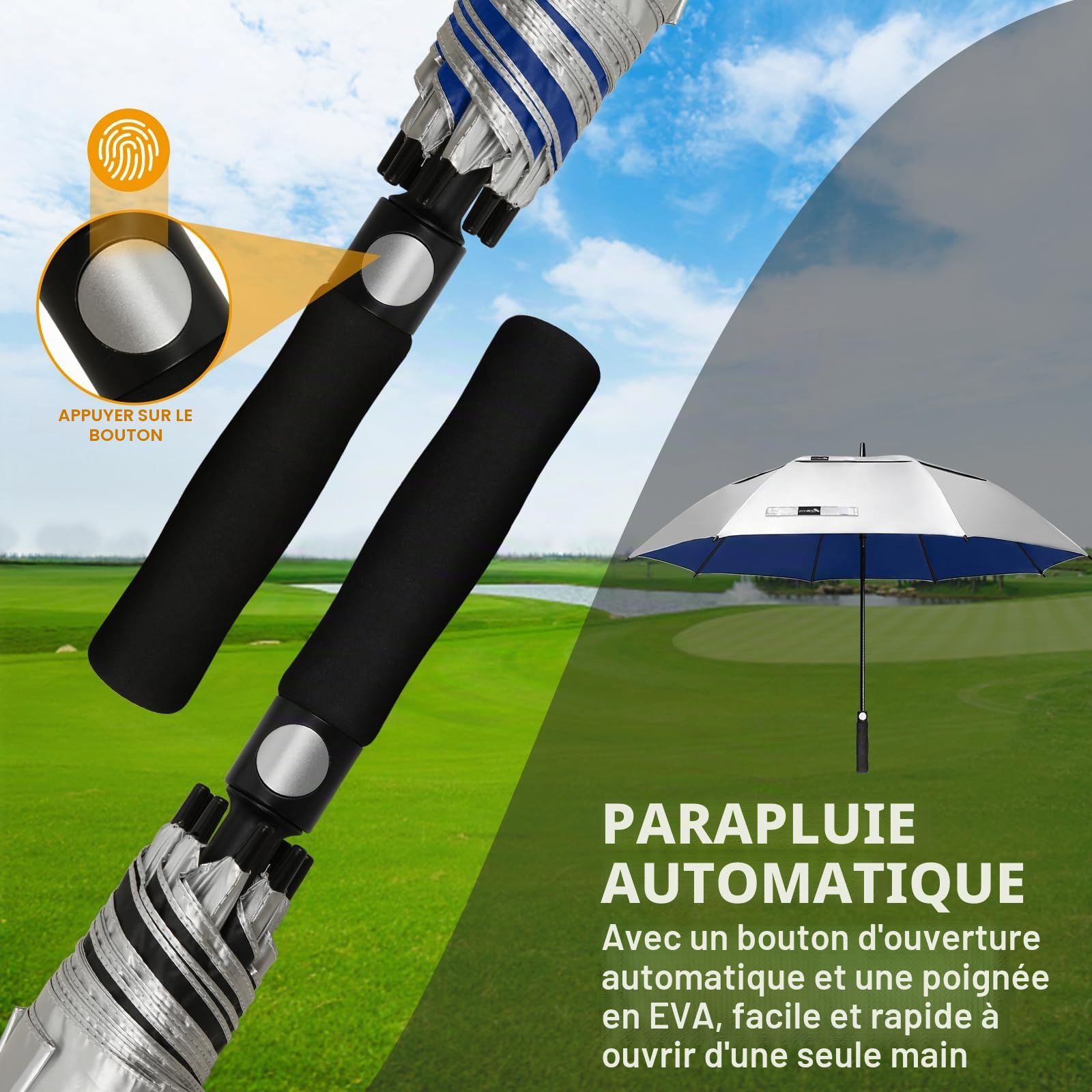 ZOMAKE Parapluie de Golf 62 Pouces XL UPF 50+ UV Double Canopée Anti Tempête Automatique Argent Bleu Marine