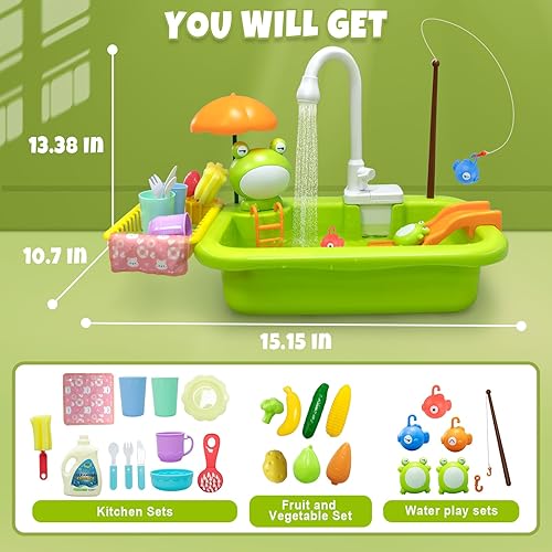 Miniatura 6 de Fregadero de juego con agua corriente, juguete de fregadero para niños con sistema automático de ciclo de agua, juguete de pesca para fregadero con