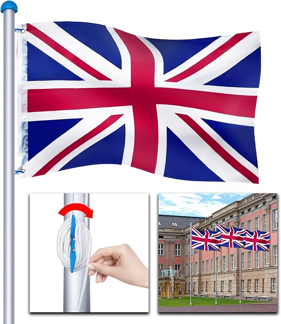 Froadp 20 FT Aluminium Height Adjustable Flag Poles Kit with British Flag for Garden Residential Yard Weather Resistant Ground Flagpole for Outdoor Concreting (Maximum Height 650cm)