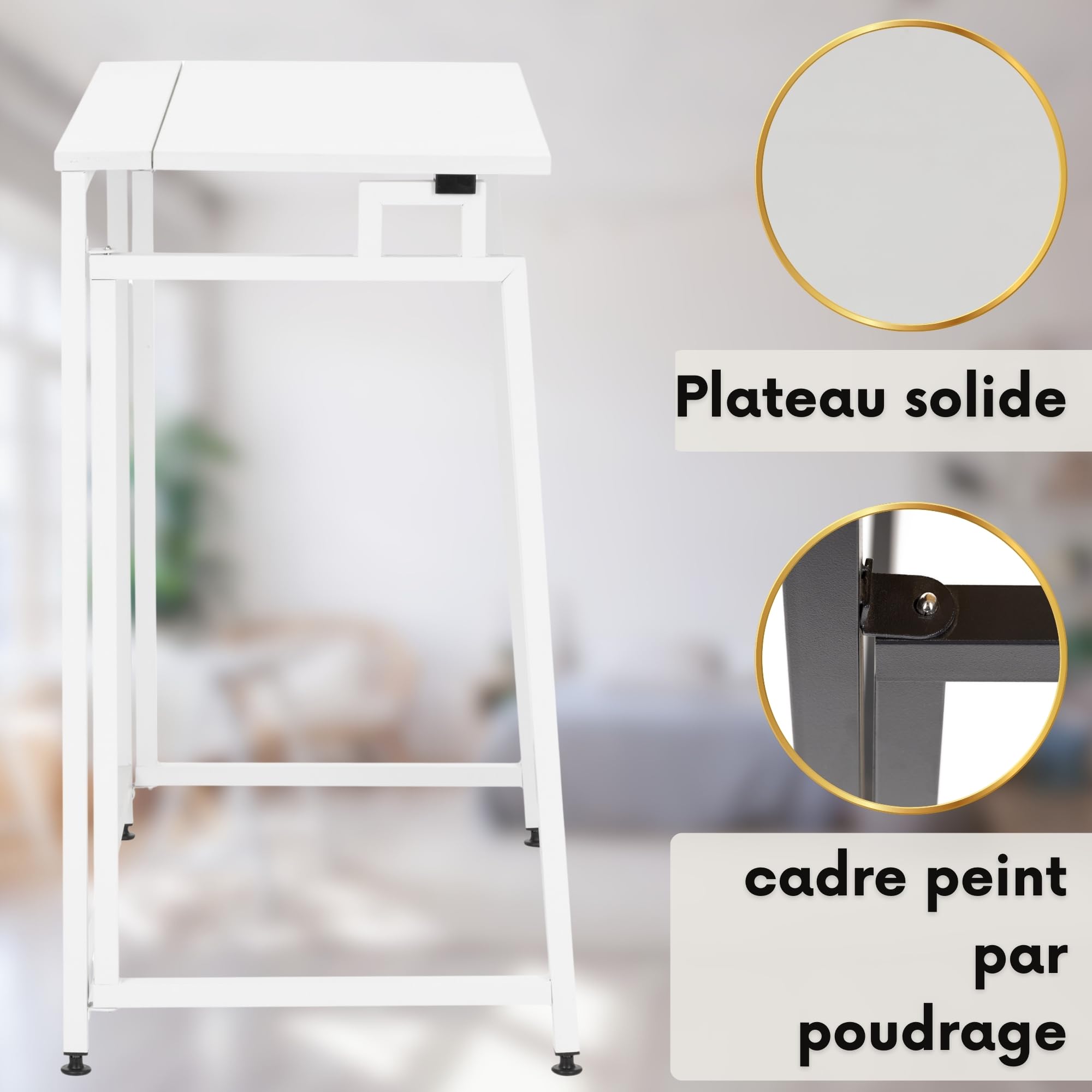 SPRINGOS Bureau blanc avec cadre en métal et plateau en bois, 80 x 40 cm, pliable, charge maximale : 30 kg, pieds réglables en hauteur, montage facile, table de travail moderne