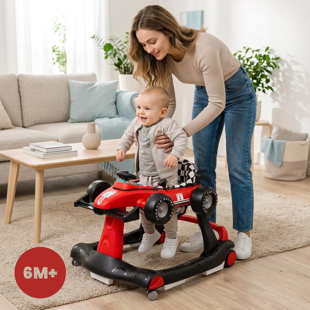 Andador para bebés Formula Racing, 6-18 meses, baby walker plegable con ruedas silenciosas, caminante con Empuje Regulable en Altura, coche de aprendizaje móvil con música y luz (Rojo)