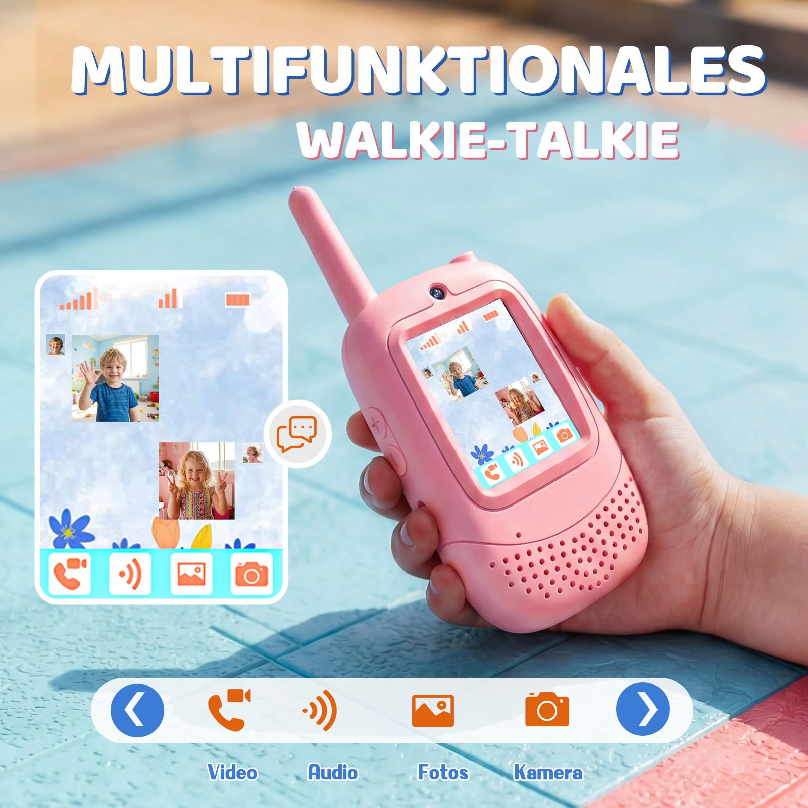 Video Walkie Talkie Kinder, Wiederaufladbares Funkgerät Spielzeug mit Kamera & Stimmenverzerrer, Outdoor Spielzeug Geschenke für Junge und Mädchen 3 4 5 6 7 8-12 Jahre (Blau & Pink)