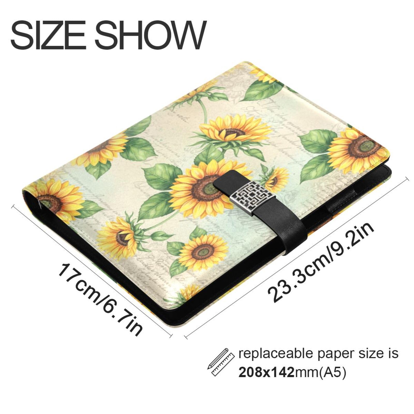 Cuaderno de piel sintética con patrón de girasol, carpeta A5, 6 anillas, recargable, con cierre de hebilla magnética, hojas sueltas, planificador de oficina, carpeta de presupuesto, bloc de