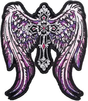 PatchStop Angel Wings Cross Purple Iron On Patches for Clothing Jeans - 4x4.5in Medium DIY Sew On Patch for Jackets Bags - Embroidered Decorative Christian Patches