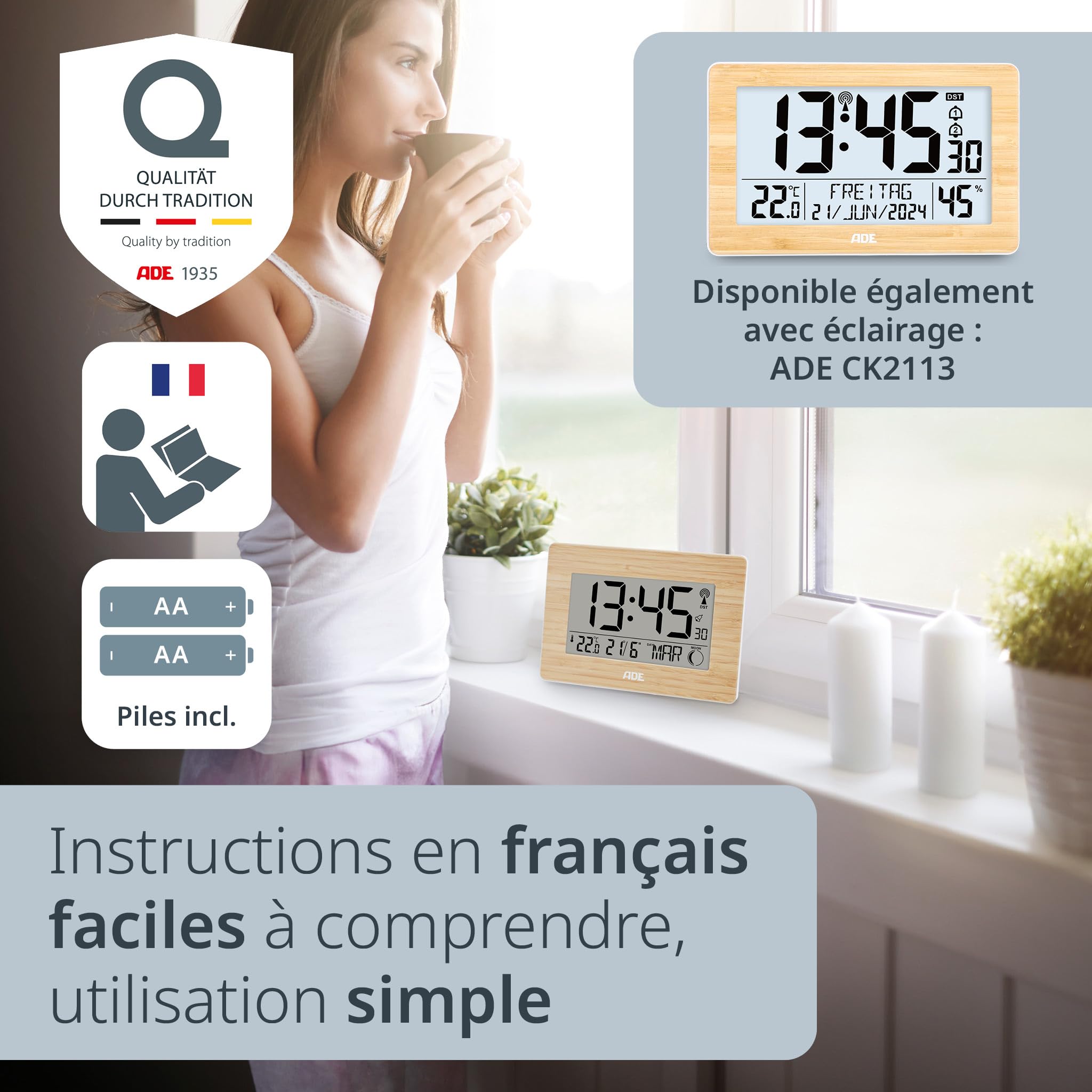 ADE Horloge Radio pilotée numérique | Chiffres XXL | Horloge Murale/de Table Digitale | Affichage de la température | Design Moderne | silencieuse | Calendrier numérique | à Piles | Cadre Bois Bambou