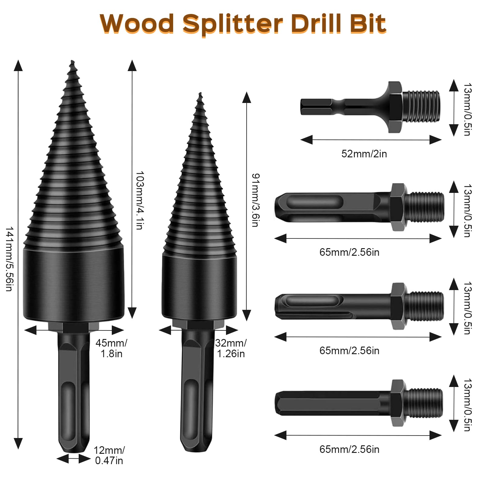 VCXMN Spaccalegna Trapano 45mm + 32mm, Cono Spaccalegna per Trapano, Punta da Trapano a Cono per Vite Spaccalegna, Spaccalegna Cono di Legno con 4 Manici per Trapano per Legno Di Diametro Inferiore