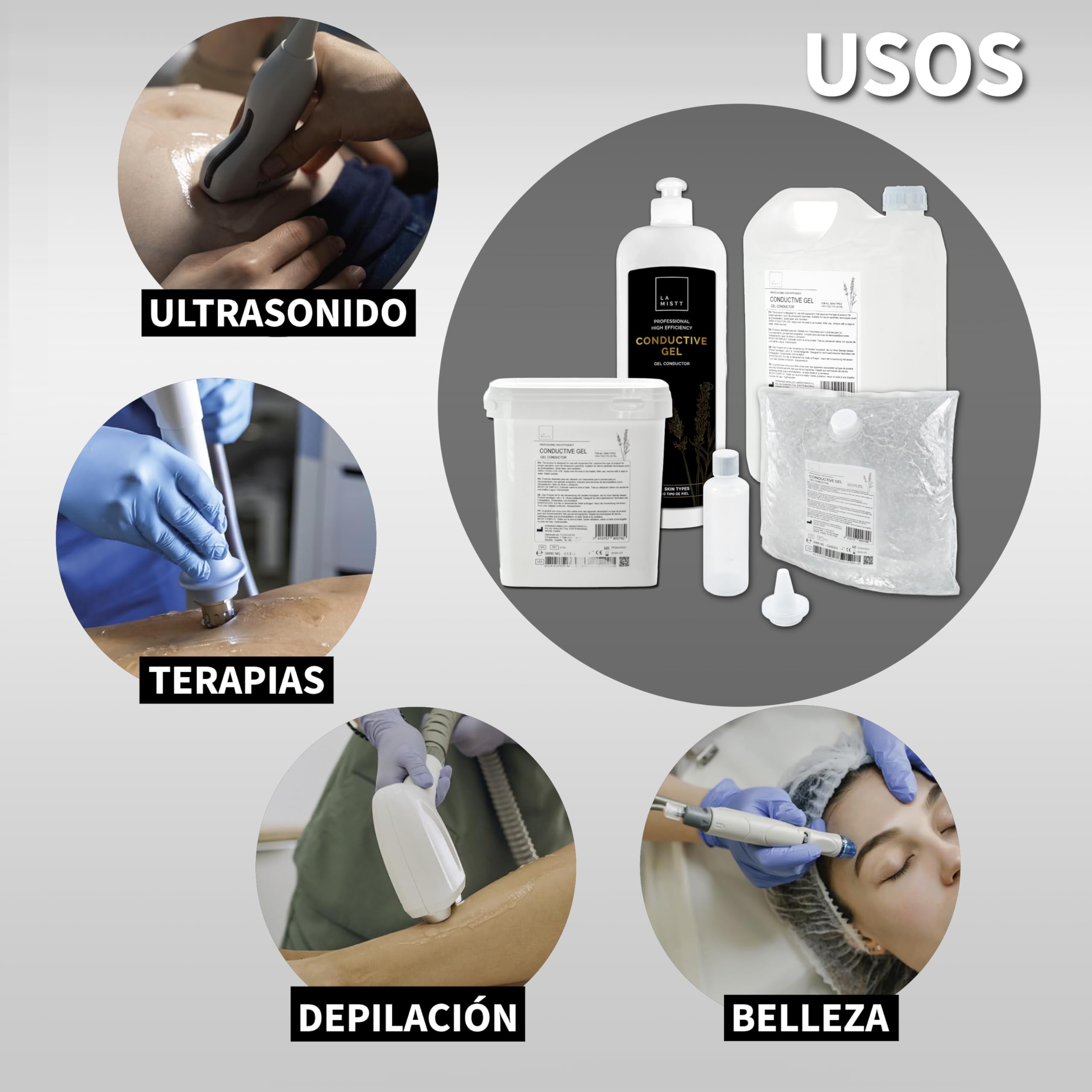 LAMISTT Gel Conductor Ultrasonidos Bolsa 20 Litros + Botella Rellenable 250 ml | Gel Sanitario para Ecografía, Cavitación, Electroestimulación, IPL y Láser | Alta Conductividad | Uso Profesional