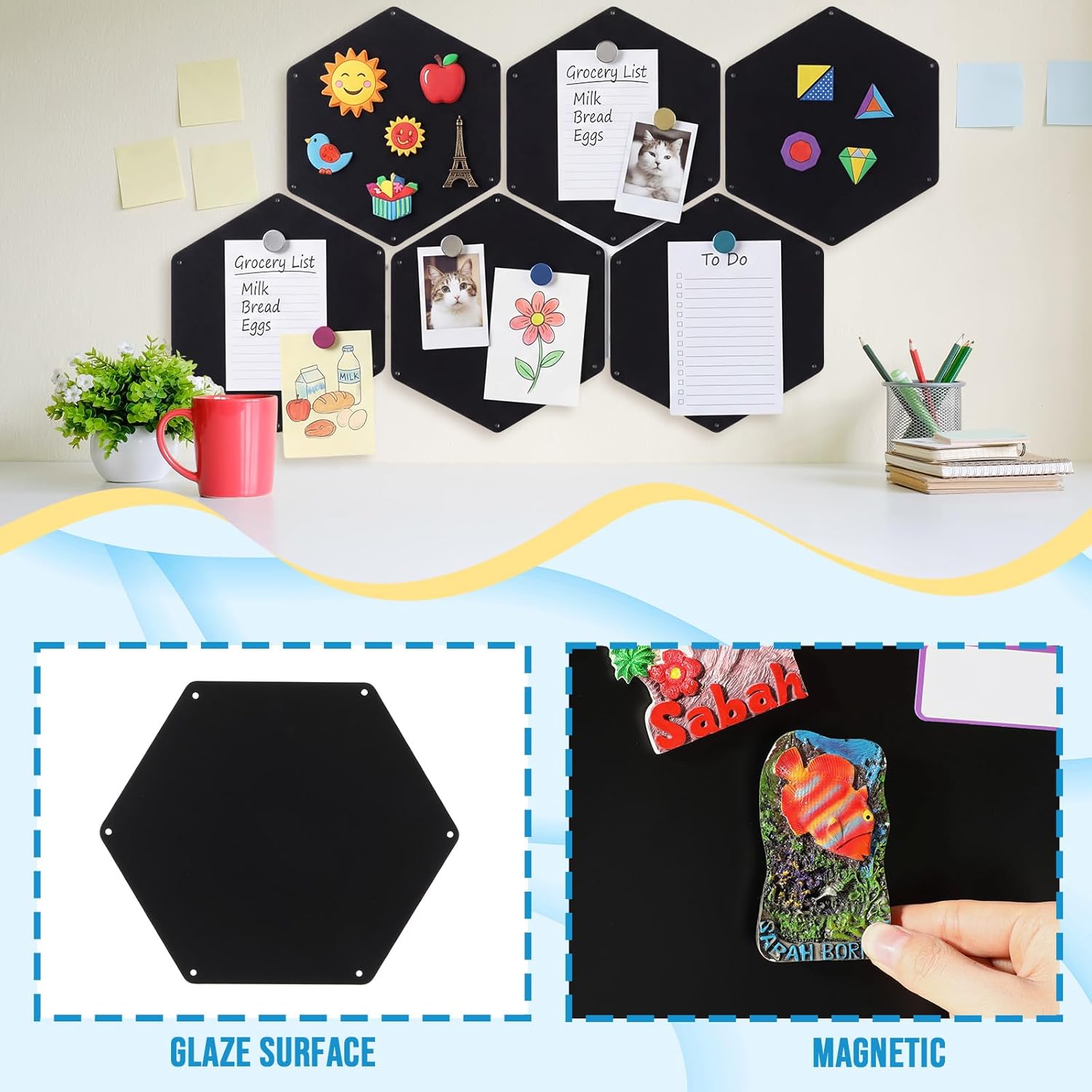 LEIFIDE 6 Pcs Black Magnetic Board 12 x 10 Inch Wall Mounted Hexagonal Magnet Bulletin Board Suitable for Displaying Notes Memos Photos Office Supplies Kitchenware Vision Boards, Equipped with Screws
