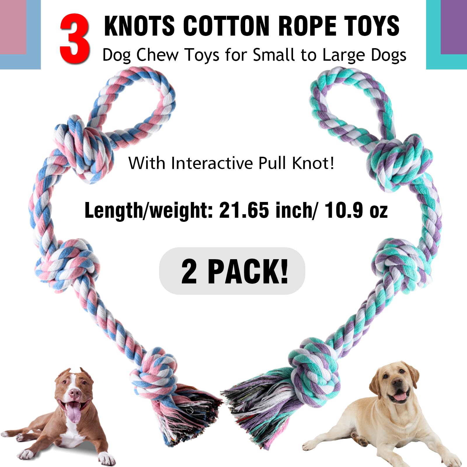 XIGOU Dog Rope Toy, 2 Pcs Indestructible Dogs Toys, Dog Chew Toys for Aggressive Chewers, Tough Puppy Teething Chew Toys for Boredom, Dental Cleaning Tug of War Dog Toy, Great for Small to Large Breed