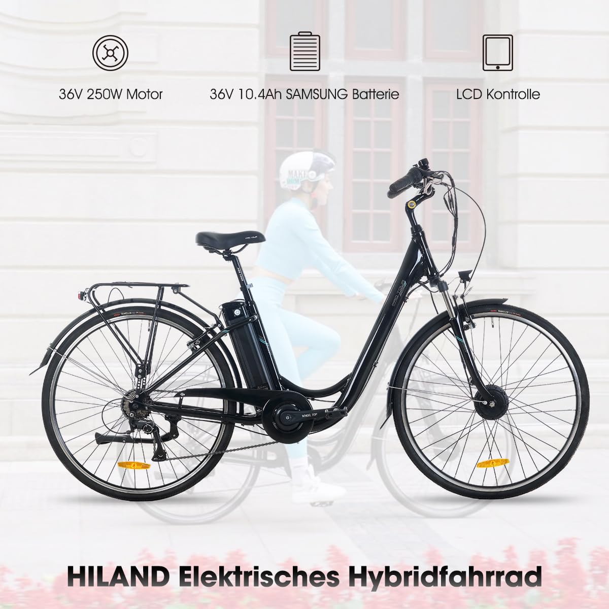 HILAND 28 Zoll Elektrofahrrad, 7-Gang E-Citybike mit 10.4Ah 250W Alu-Rahmen, 700c Elektrofahrrad mit Gepäckträger, E-Fahrrad für Männer Frauen, Schwarz Sport & Freizeit