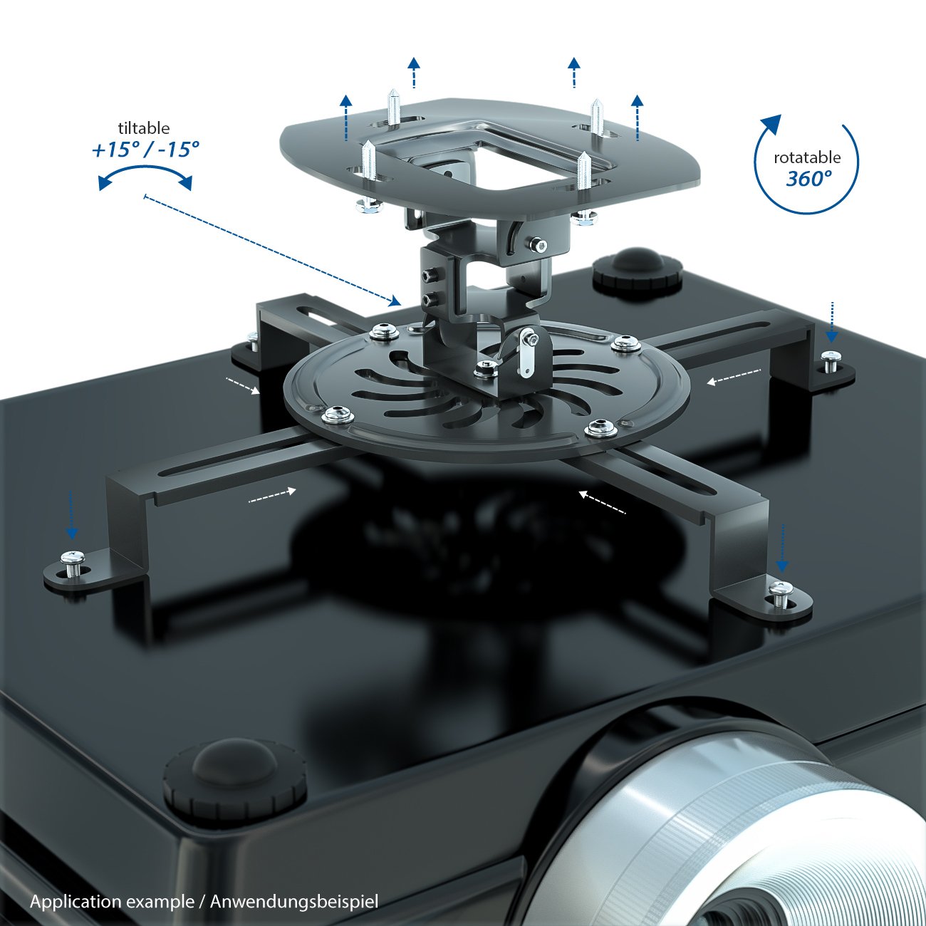 deleyCON Supporto da Soffitto Universale per Proiettore Inclinabile +-15° - Ruotabile di 360° - Portata max. 13,5kg - Gestione Cavi Integrata - Nero