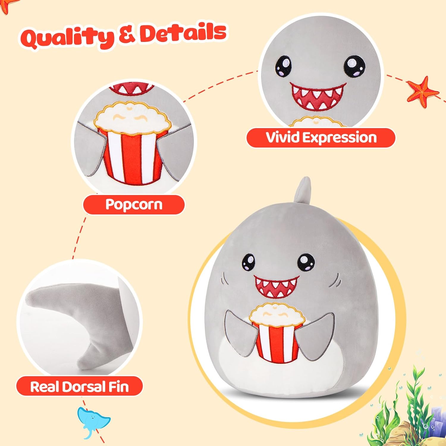 Glow Guards 12'' Shark Plush Pillow Cute Shark Stuffed Animal Holding Popcorn Soft Plush Toy Stuffed Animals Birthday Gift for Boys Girls Kids