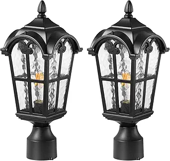 2 Pack Outdoor Post Lighting Fixture for Entryway Garden Walkway Backyard, Waterproof Aluminum Pole Lantern Light with Pier Mount Base, Black Outdoor Lamp Post Lantern Light