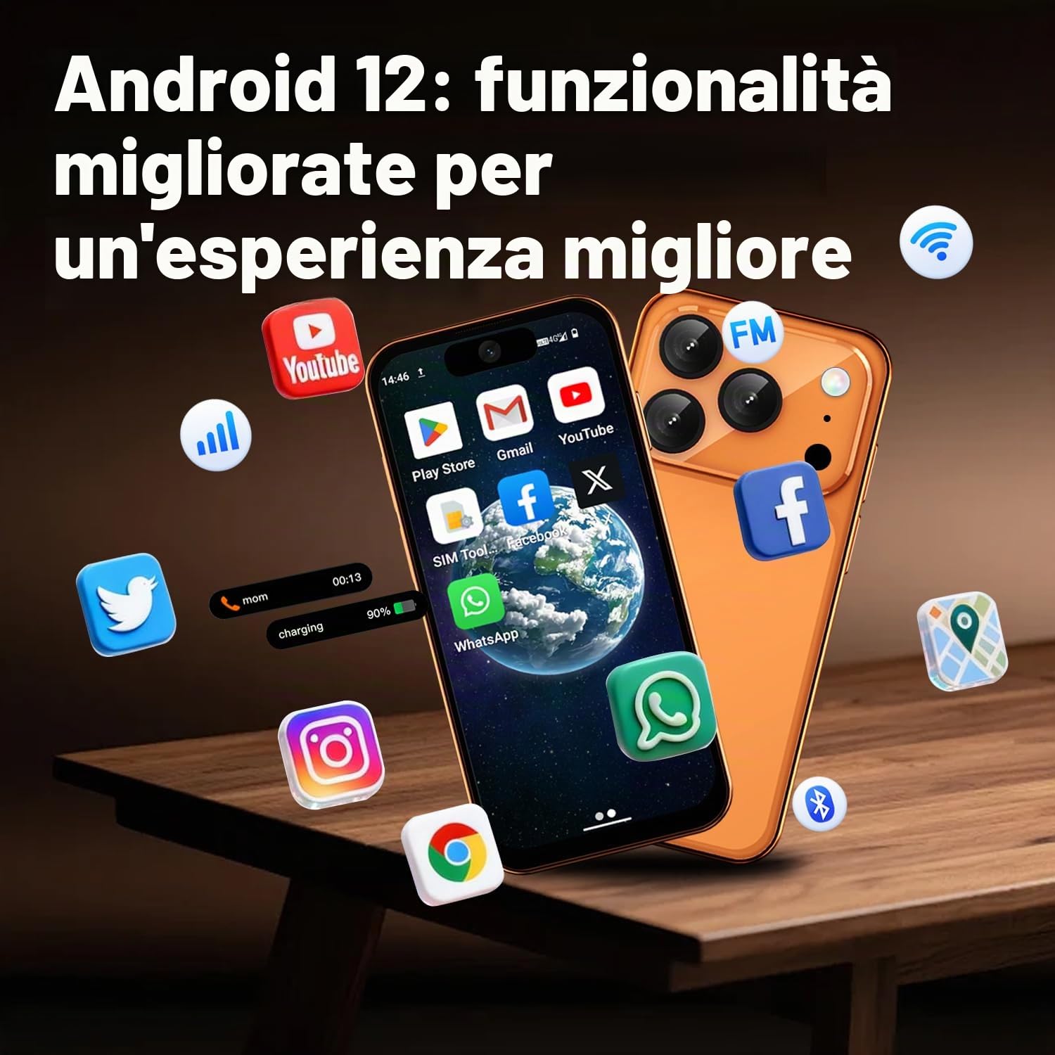 Mini Smartphone 4G, 4GB+64GB, Doppia SIM, Schermo da 3,88 pollici, Android 12, Telefono Compatto per Bambini e Studenti (Arancione)