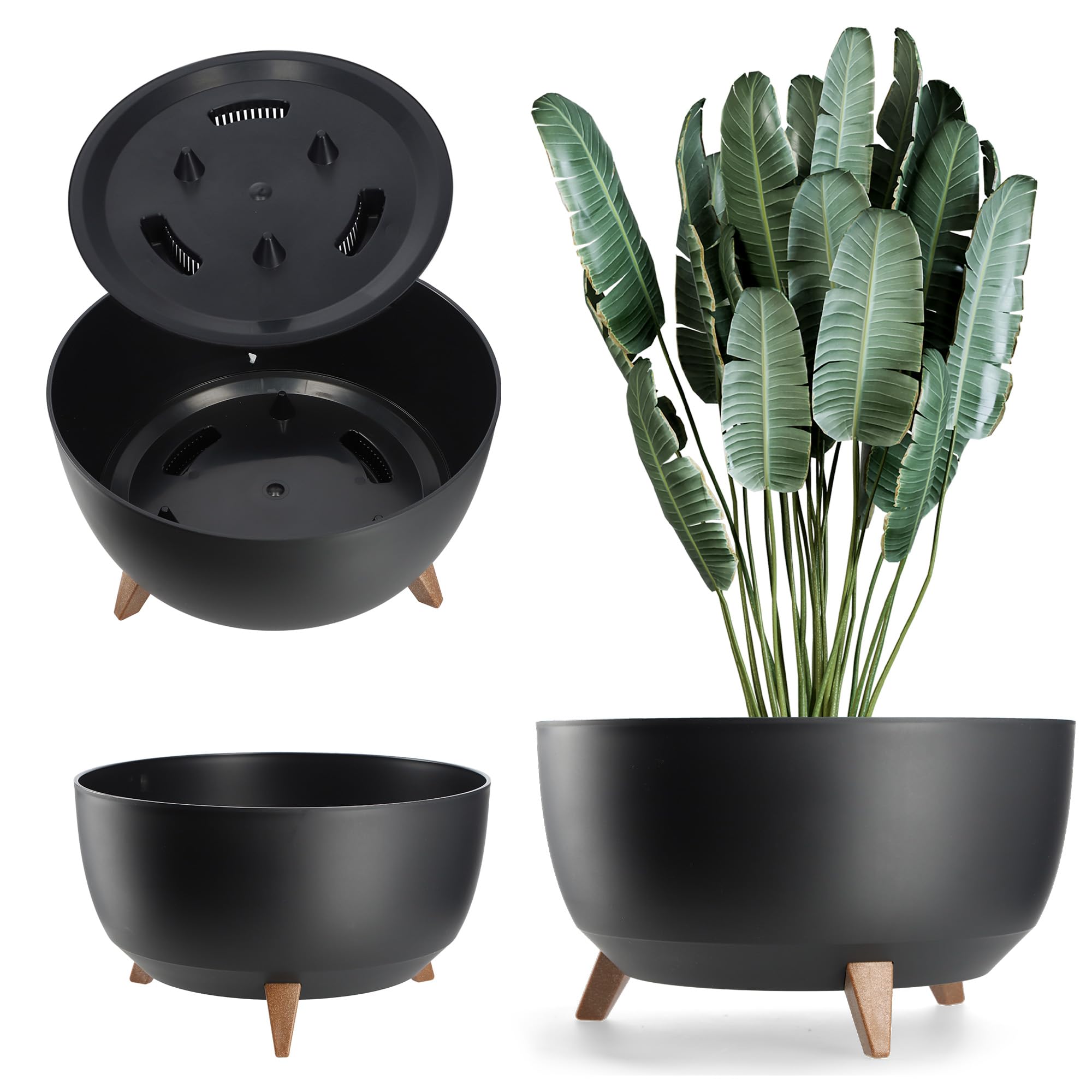 KADAX Plastic Flower Pot with Three Stands, Round Flower Bowl, Flower Pot, Flower Pot, Flower Pot, Balcony, Living Room (39.5 cm, Anthracite) — view 20