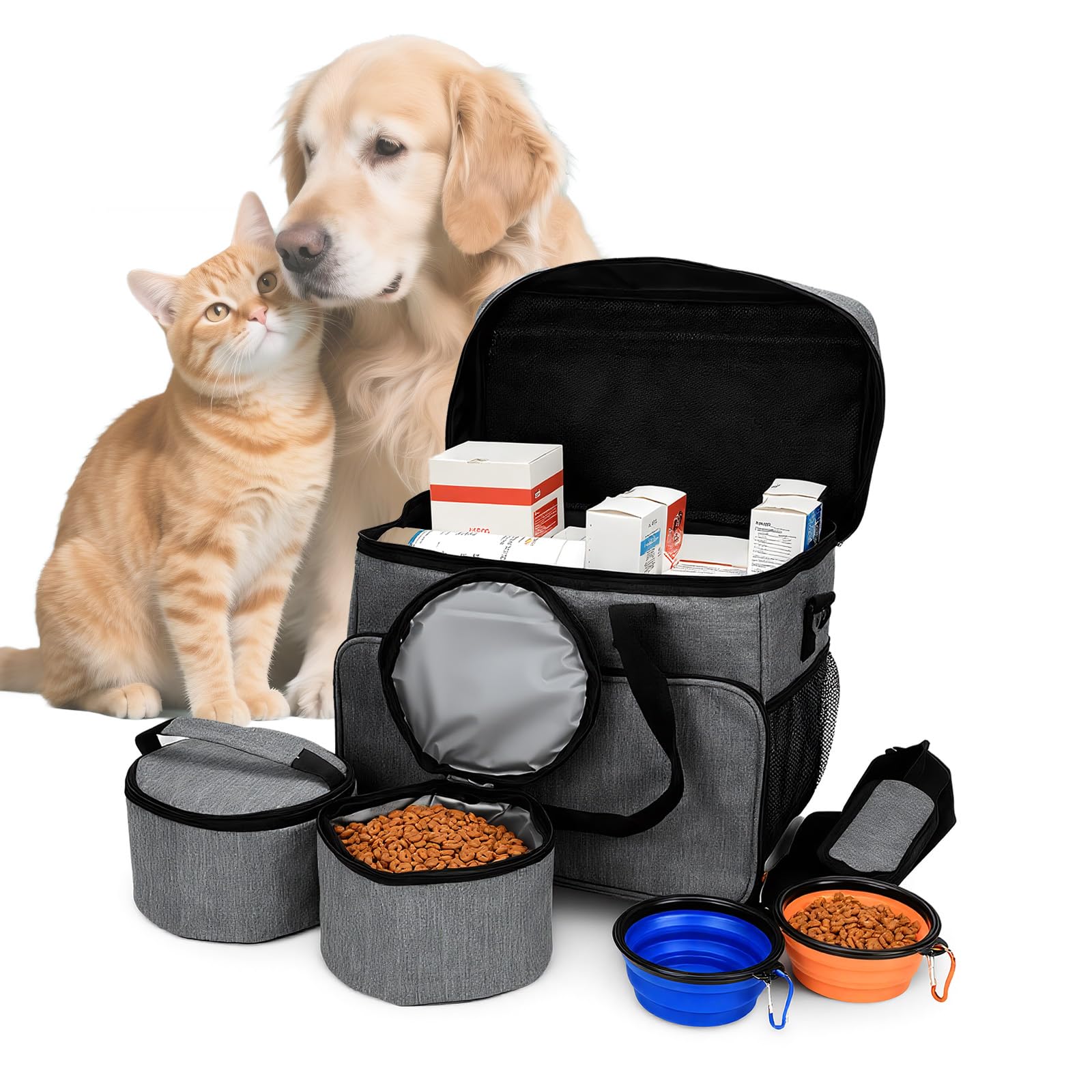 Bolsa de Viaje para Perro, Portátil con 2 Recipientes de Comida y 2 Cuencos Plegables, Ideal para Camping y Viajes
