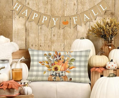 Miniatura 3 de 4TH Emotion Funda de almohada lumbar con tarro de hojas de otoño de 12 x 20 pulgadas, decoración de granja de búfalo, calabaza naranja, decoración