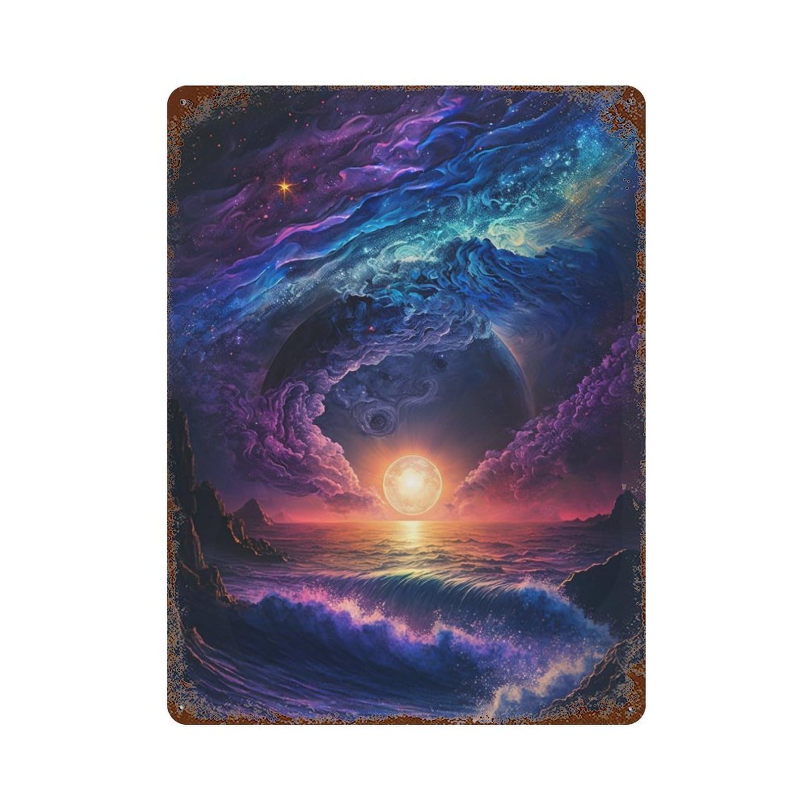 Cosmic Ocean Sunset Rust Effect Tin Sign 15.7"x11.8", Rustic Home Decor for Cafe, Home Bar And Lounge Decor