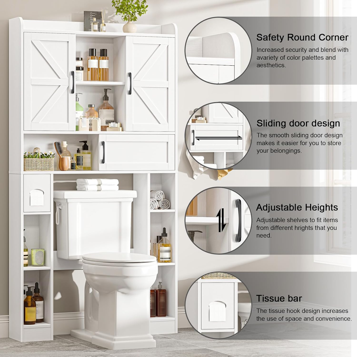 Over The Toilet Cabinet with 2 Barn Doors & Sliding Door, Farmhouse Toilet Cabinet Rack with Toilet Paper Holder Stand & Open Storage Shelf, Adjustable Organizer for Restroom, Bathroom, Laundry