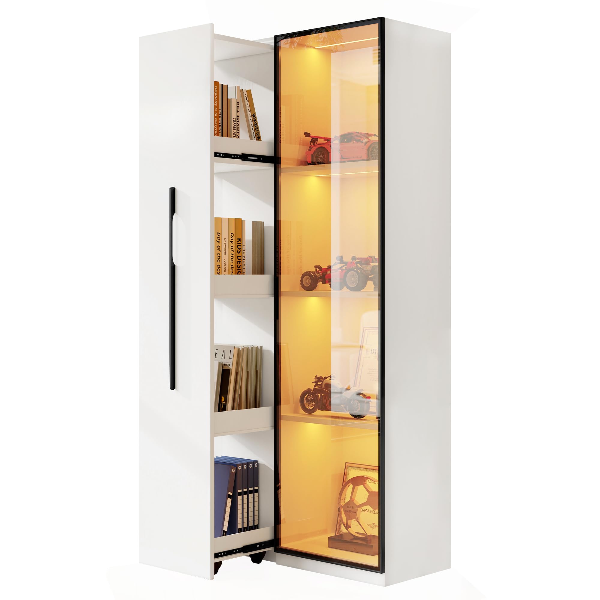 REXO Armadio multifunzione alto 160 cm, libreria e vetrina con ante in vetro temperato, telaio porta in alluminio, 1 anta, 1 cassetto laterale, con ruote, vetrina, tavolo da pranzo, bianco