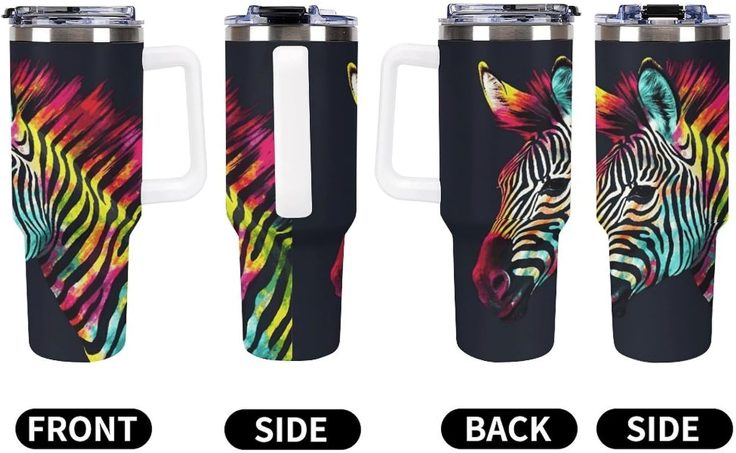 Colorful Rainbow Zebra Tumbler 40 Oz with Handle&Lid Large Car Cup Stainless Steel Vacuum Travel Mug Insulated Water Bottle Leak-proof Portable Coffee Cup for Home Car Outdoor