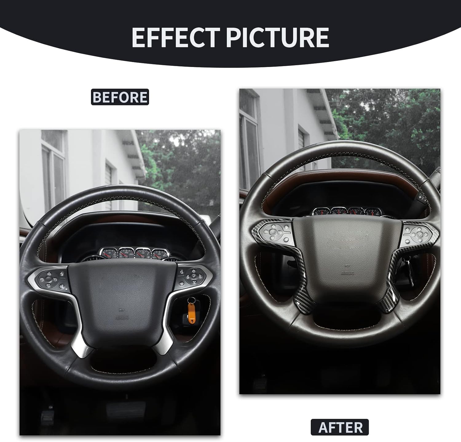 CheroCar for Chevrolet Silverado Steering Wheel Trim Cover ABS Decoration Interior Accessories for Chevrolet Silverado for GMC Sierra 2014-2018 (Carbon Fiber)