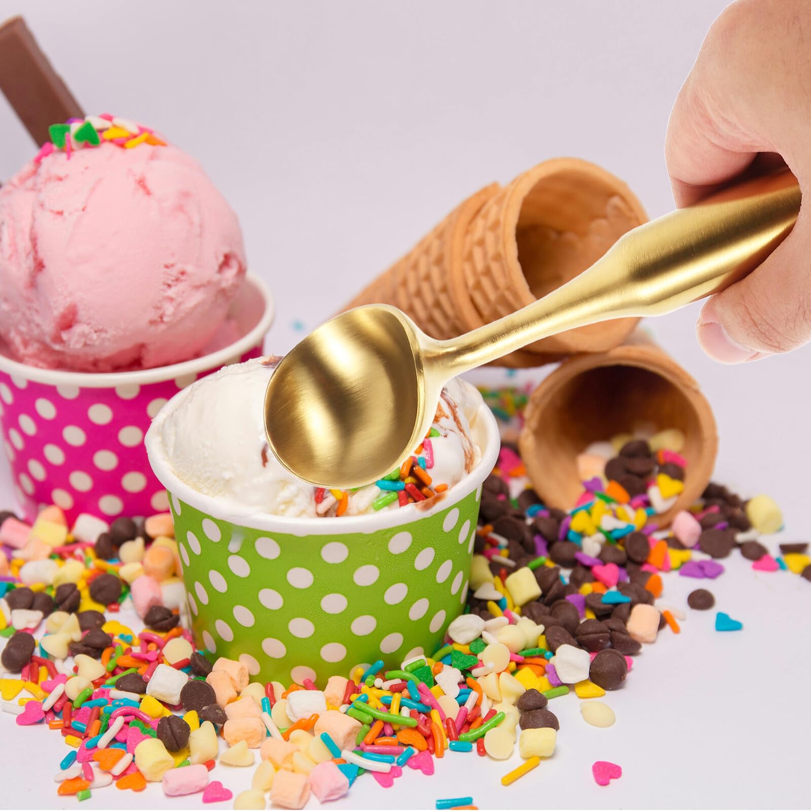 Ciieeo 3 Stück Eisportionierer Goldfarbene Kugelform Eiscremelöffel mit Langem Griff Antihaft Eisballer für Eiscreme Obst und Dessert Vielseitiges Sommerset für Gleichmäßige Portionen