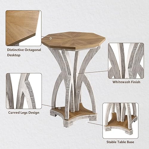 Miniatura 64 de COSIEST Mesa auxiliar redonda, mesa auxiliar de cristal con marco de madera, mesita de noche dorada champán con estilo moderno para sala de estar,